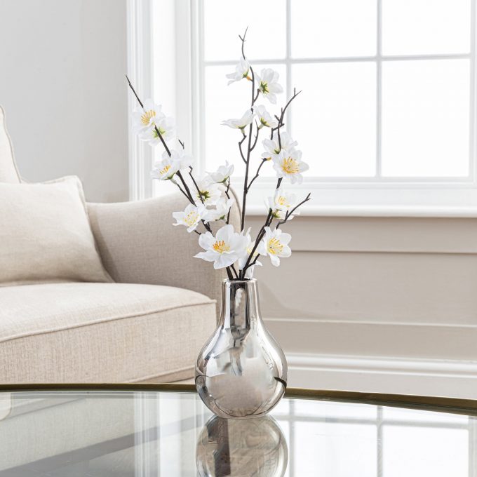 Artificial Blossom Cream in Silver Vase 37cm White