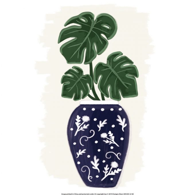 Navy Vase with Monstera Leaves - Wrapped Canvas Painting Print