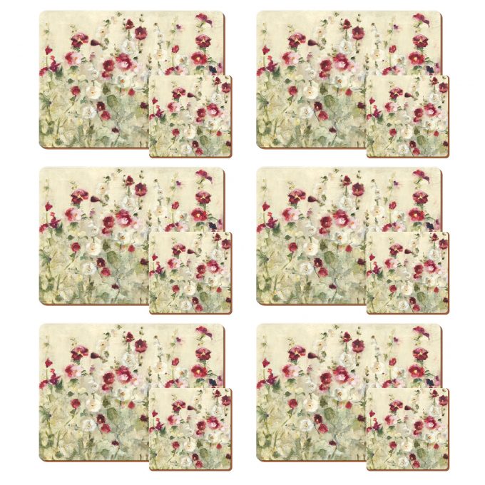 Set of 4 Wild Field Poppies Placemats and Coasters Red, Beige and Green