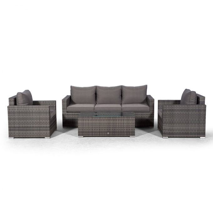 Villatoro Grey Rattan 3 Seat Sofa + 2 X Armchairs & Ice Bucket Rectangle Coffee Table, Outdoor Patio Garden Furniture